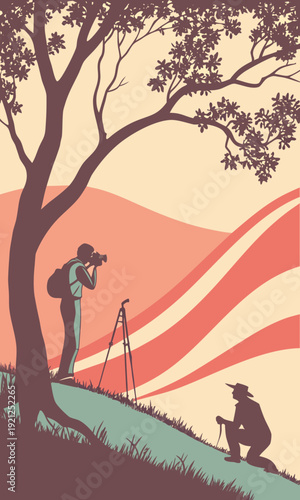 Photographers capturing scenic mountain landscape at sunset.