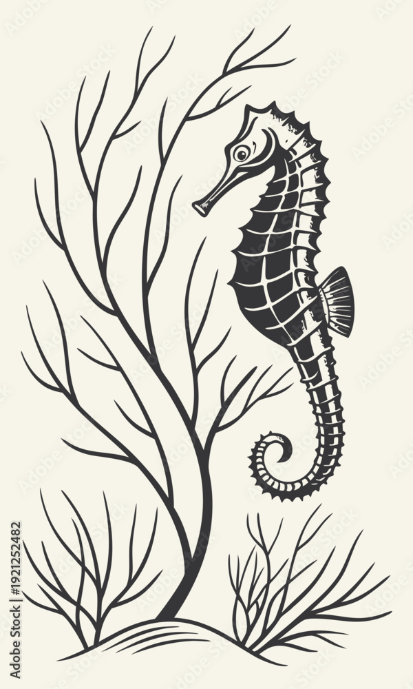 Obraz premium Seahorse and Coral Reef Underwater Marine Life Illustration.