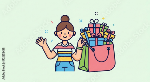 Woman with gifts and shopping bags smiling and waving colorful presents and bags on light green background shopping concept