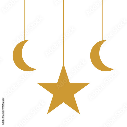 Golden Islamic Star and Crescent Moon Border Flat Design Ramadan and Eid Mubarak Frame.