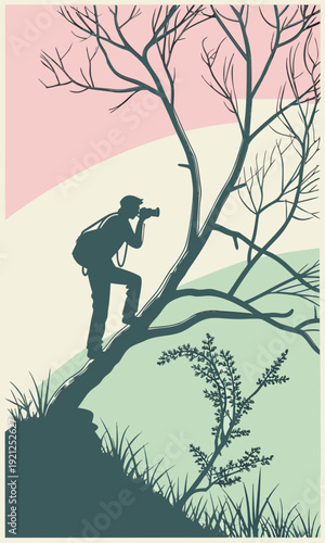 Silhouette of a photographer with a backpack standing on a tree branch observing nature through binoculars.