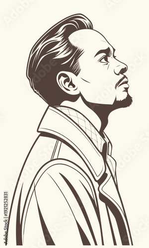 Stylized Profile of a Thoughtful Man Looking Upward.