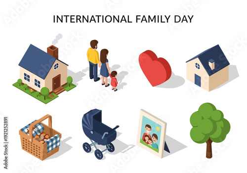 Celebrating International Family Day with isometric illustrations of family, home, and symbols of love and nurture