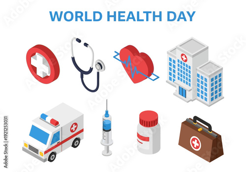 World Health Day medical icons stethoscope, syringe, hospital, ambulance, heartbeat, first aid kit, and cross symbol