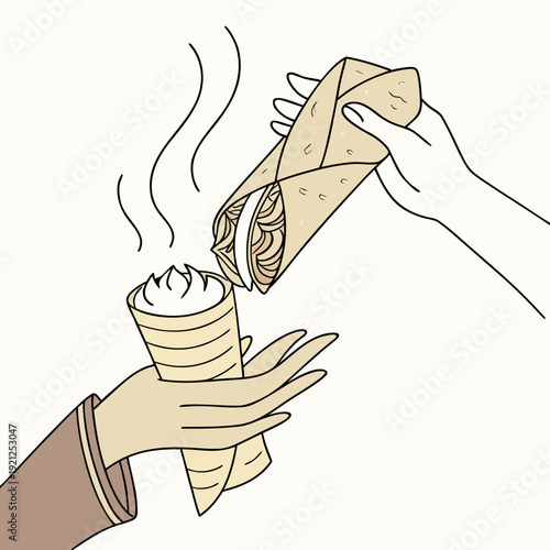 Hands exchanging hot shawarma and cold ice cream cone.