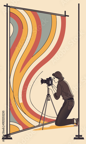 Woman filming a colorful abstract backdrop with a professional camera setup.