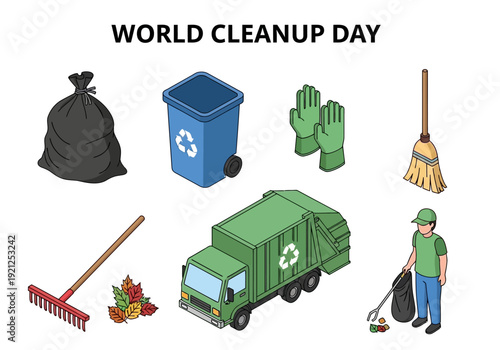World Cleanup Day illustration featuring a garbage truck, cleaning tools, and a person collecting trash, promoting environmental responsibility and community action