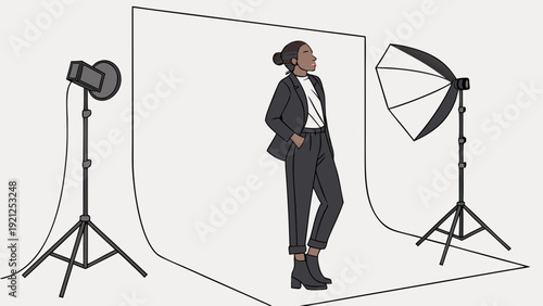 Woman Posing in Professional Photo Studio with Lighting Equipment.