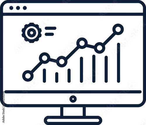 Computer monitor with graph and gear icon on screen, vector business chart symbol. isolated on White Background