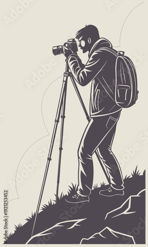 Photographer capturing scenic views with professional camera and tripod.