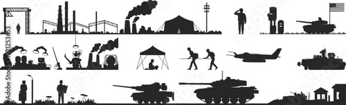 Military base silhouette set, army vehicles soldiers factory industry skyline flat vector illustration for defense war training concept