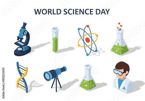 Illustration of World Science Day with various scientific icons like microscope, DNA, atom, telescope, and test tubes