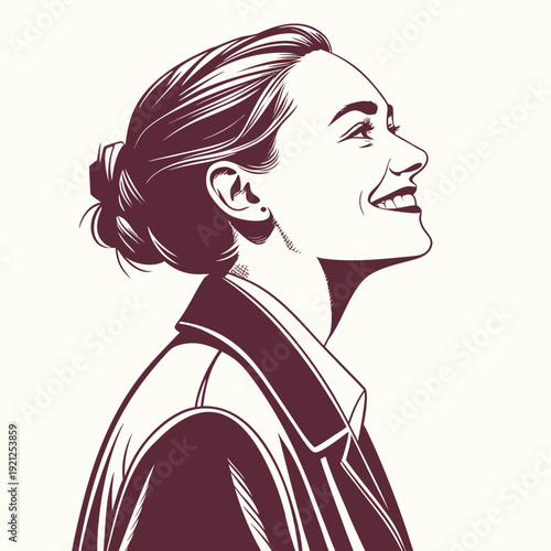 Smiling woman looking up with hope and joy.