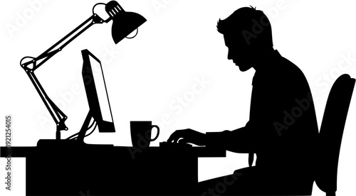 Late Night Office Work Silhouette with Professional Working at Desk and Lamp Light