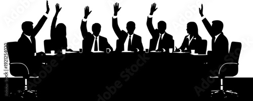 Boardroom Team Celebration Silhouette with Business People Raising Hands in Success Meeting