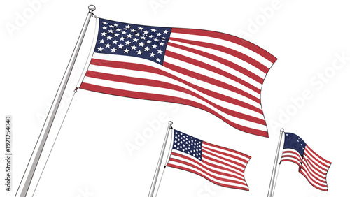 Three American flags waving proudly against a clear white background.