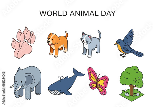 Celebrating World Animal Day with a charming collection of cute animal illustrations including a playful dog, curious cat, majestic elephant, and soaring bird