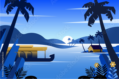 Kerala houseboat sailing across tranquil backwaters at twilight, with silhouetted palm trees and distant hills creating a serene South Indian waterscape