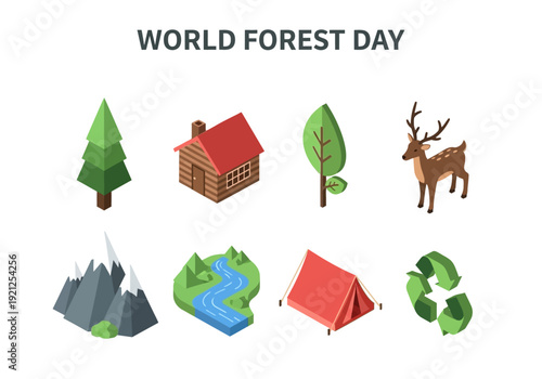 Celebrating World Forest Day with Isometric Icons Trees, Mountains, Wildlife, and Nature