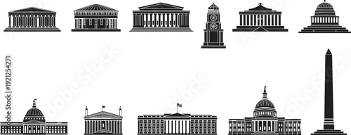 Famous landmark silhouettes set, classic architecture monuments vector illustration for travel tourism history collection isolated iconic buildings skyline design