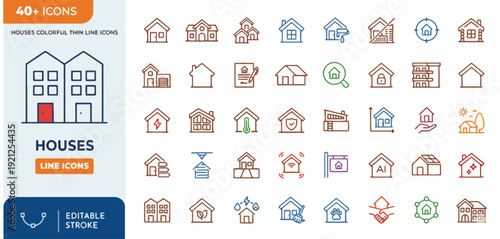 Collection of Modern House Icons in Various Styles and Colors on a White Background