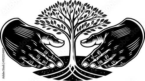 Hands cradling a tree with sprawling roots and leafy branches, symbolizing care and nurturing from a close-up viewpoint