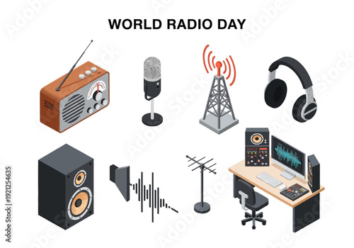 World Radio Day Celebration with Vintage Radio, Microphone, Headphones, Speaker, and Broadcast Tower