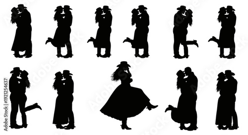 silhouettes of loving cowboy couples kissing and embracing embodying rustic western romance and country lifestyle concepts.