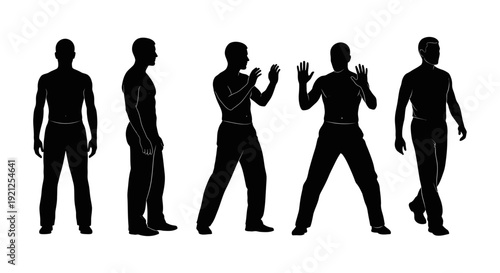 silhouettes of men demonstrating various body postures including standing walking and defensive stances isolated on white for anatomy and fitness concepts.