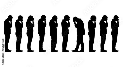 silhouettes of people in a line heads bowed and faces covered symbolizing collective sadness grief and mental health struggles.
