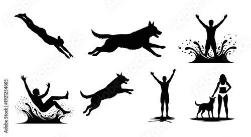 silhouettes of people and dogs enjoying summer water fun diving splashing running playing depicting active outdoor leisure.