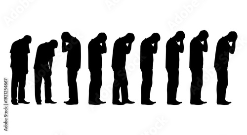 silhouette men showing stages of depression emotional pain bowed head to hands on face isolated white mental health awareness.