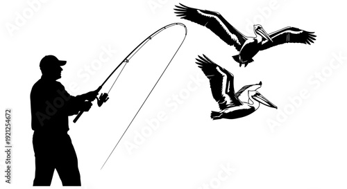 silhouette of a fisherman casting a fishing rod near two flying pelicans symbolizing coastal recreation and wildlife.
