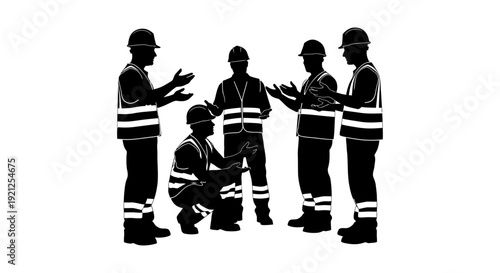 silhouette of construction workers in a team meeting discussing project plans and safety protocols symbolizing industrial collaboration.