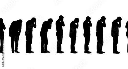 silhouette of people suffering from stress and emotional pain heads bowed symbolizing mental health crisis loneliness and despair.