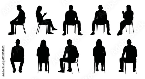 silhouettes of diverse people sitting on chairs capturing various human postures perfect for illustrating presence and anonymity.