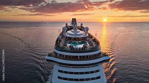 Majestic Cruise Ship Sailing Towards a Breathtaking Sunset Over the Ocean.