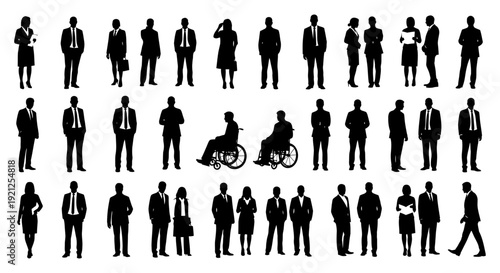 silhouettes of diverse professional business people men women disabled for modern corporate workforce and hr concepts.