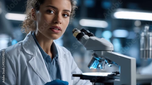Black female pharmaceutical student conducts research using a microscope in a modern laboratory during the daytime