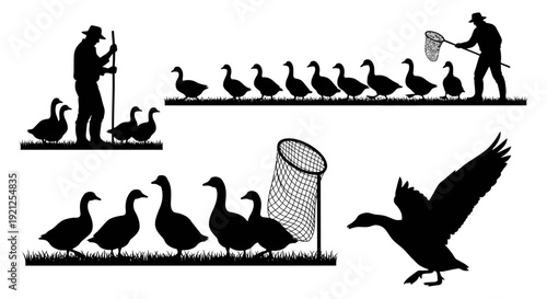 silhouettes of farmers herding geese and ducks featuring a net and a flying goose illustrating traditional poultry farming.