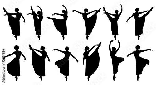 silhouettes of graceful female ballet dancers in elegant classical dance poses isolated on white for artistic design elements and creative projects.
