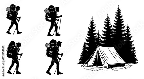 silhouettes of hikers and backpackers with trekking poles exploring a wilderness forest with a classic camping tent among tall pine trees depicting outdoor adventure.