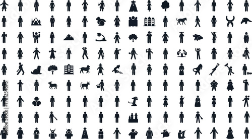 Black and white set of people animals and person