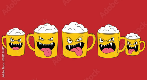 Five angry yellow beer mugs with foamy white heads and sharp teeth on a red background