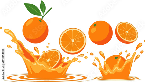 Fresh orange fruit and juice splash vector collection. Includes whole oranges, half oranges, and juice splashes. Created in a flat cartoon style with an orange and green color palette.