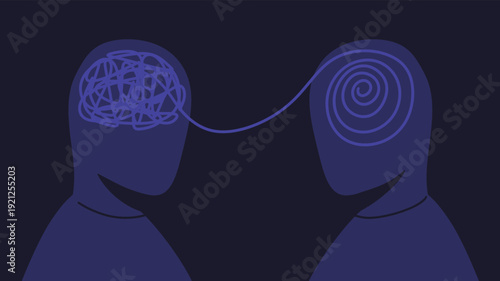 flat vector illustration showing two human silhouettes connected by a line, symbolizing communication and mental transformation. ideal for topics such as mental health, therapy, counseling, coaching