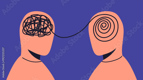flat vector illustration showing two human silhouettes connected by a line, symbolizing communication and mental transformation. ideal for topics such as mental health, therapy, counseling, coaching
