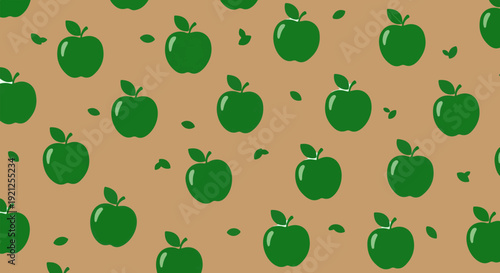 Green apple and leaf seamless pattern on brown background. Vector illustration of fruit design for healthy food, nature, and organic themes.