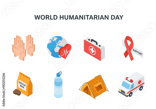 World Humanitarian Day icons showcasing global support, aid, and medical assistance with a focus on helping hands and essential supplies