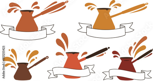 Turkish coffee pot icon collection. Includes cezve, brewing, hot drink, and splash symbols. Created in flat style with brown and orange palette.